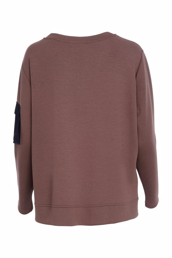 Naya Brown Round Neck Contrast Pocket Sweatshirt