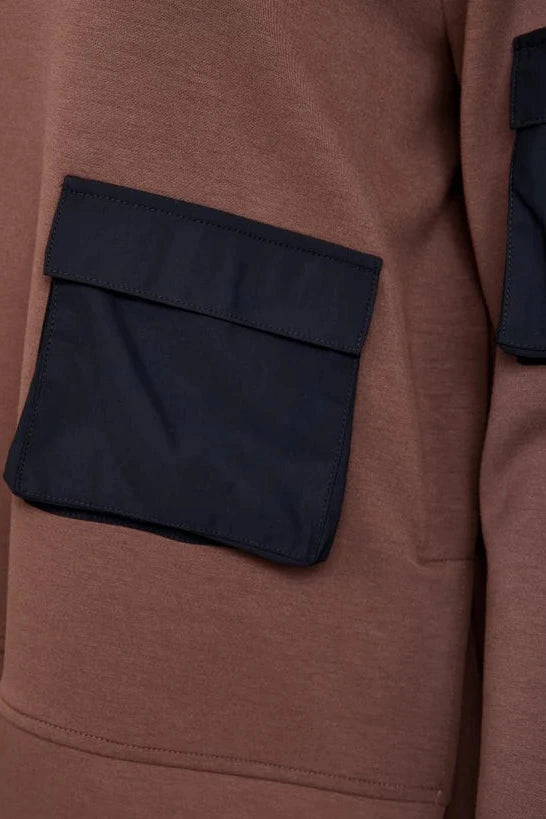 Naya Brown Round Neck Contrast Pocket Sweatshirt