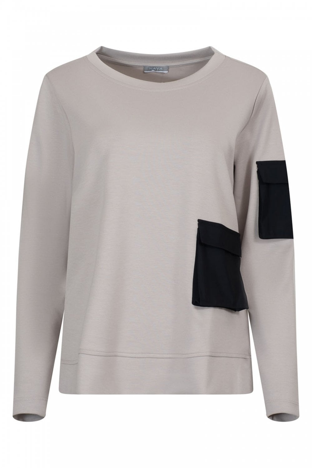 Naya Black Round Neck Contrast Pocket Sweatshirt