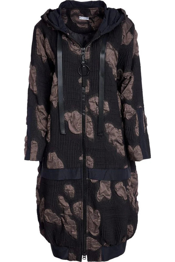 Naya Black & Brown Jacquard Hooded Long Coat
