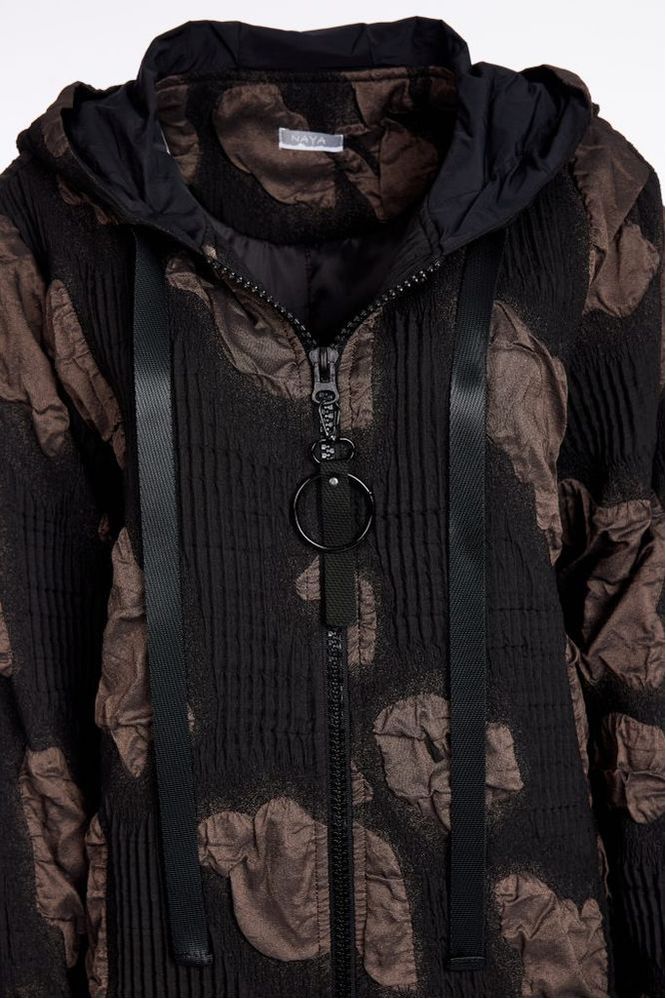Naya Black & Brown Jacquard Hooded Long Coat