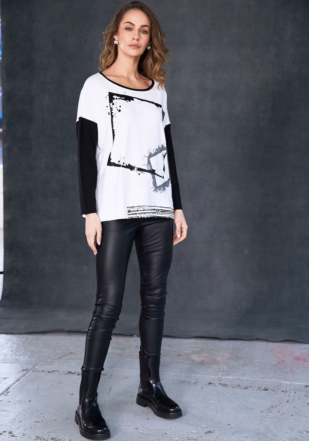 Naya White Cube Print Contrast Sleeve Top