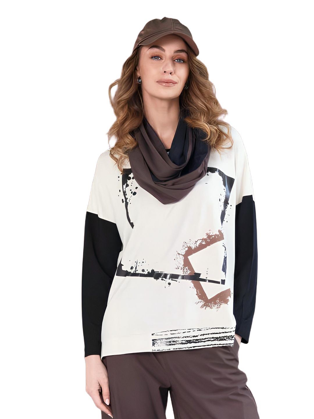 Naya Beige Cube Print Contrast Sleeve Top