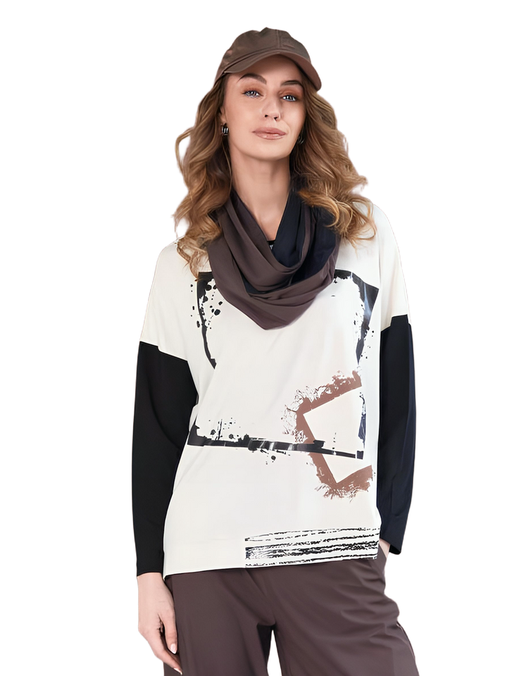 Naya Beige Cube Print Contrast Sleeve Top