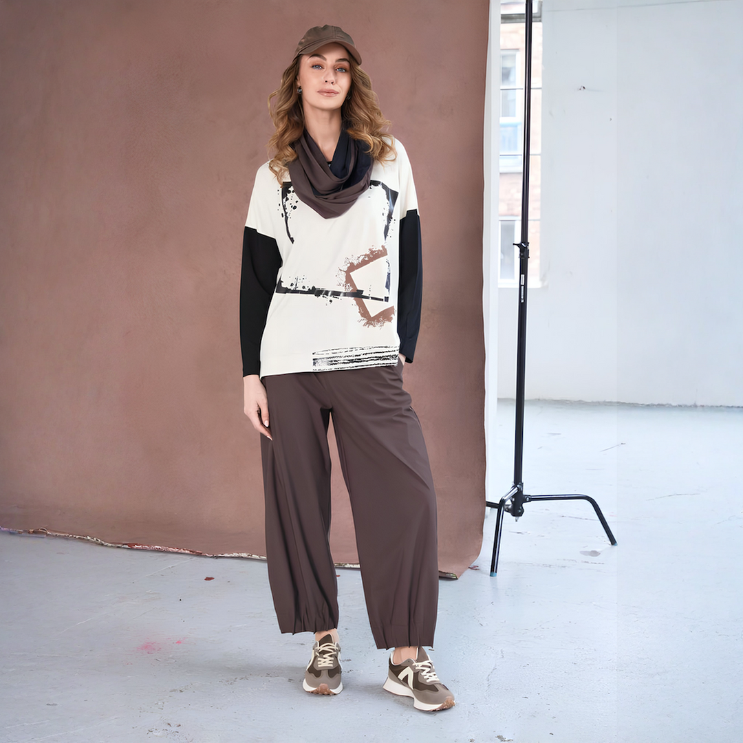 Naya Beige Cube Print Contrast Sleeve Top
