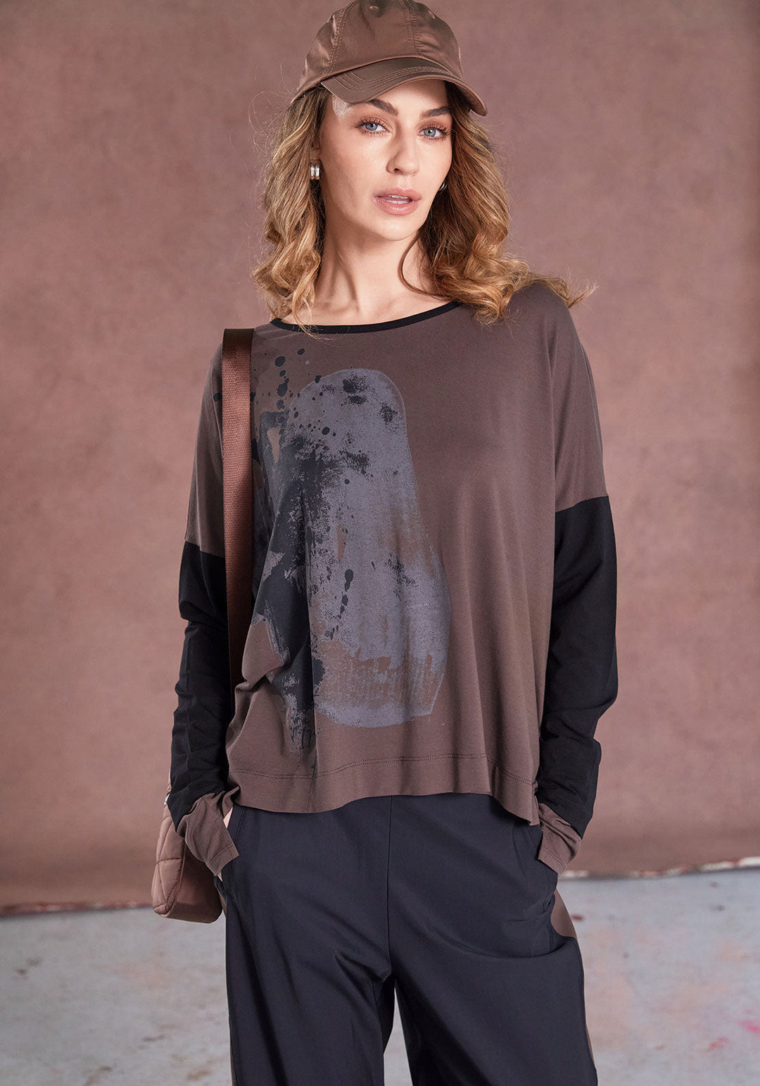 Naya Brown Abstract Print Contrast Sleeve Top