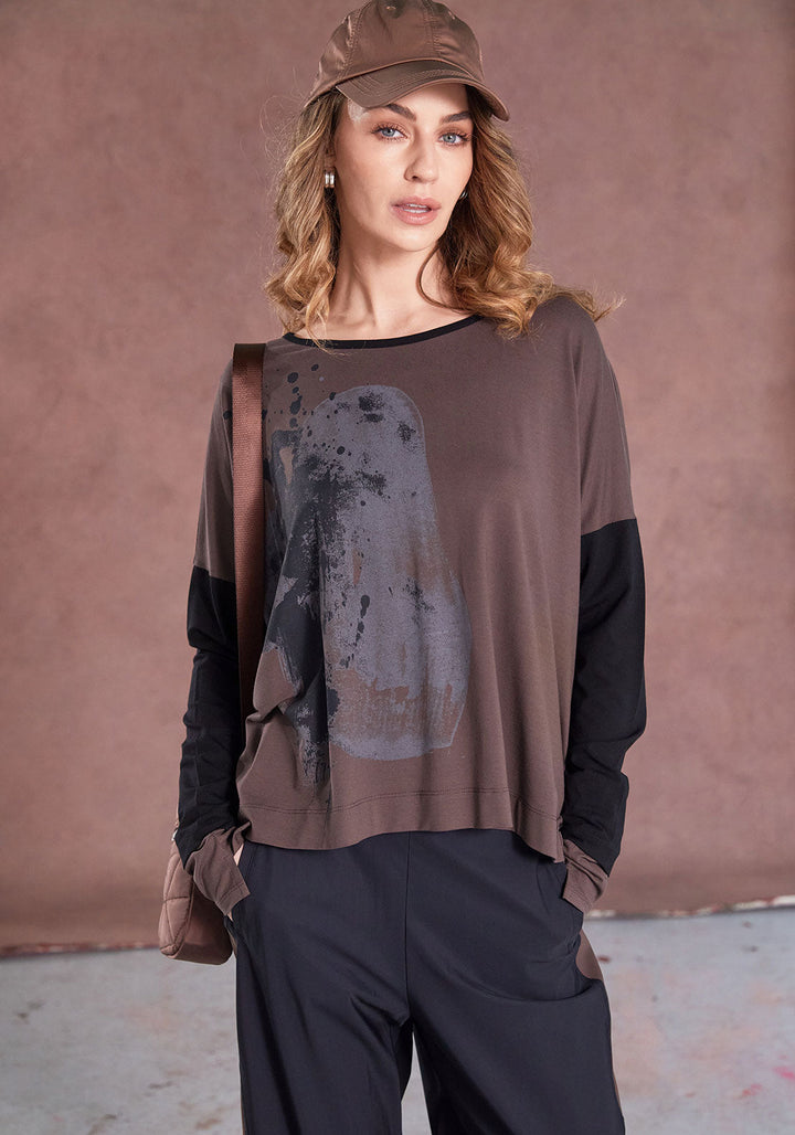 Naya Brown Abstract Print Contrast Sleeve Top