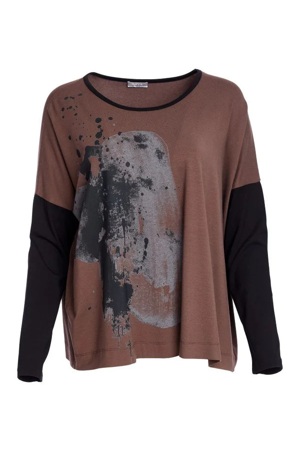 Naya Brown Abstract Print Contrast Sleeve Top