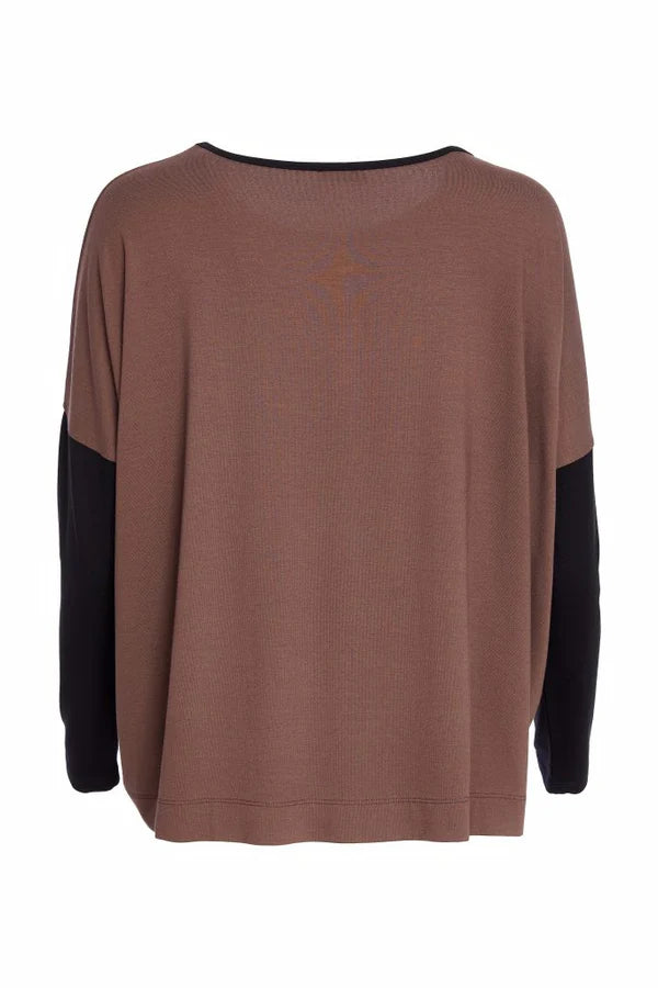Naya Brown Abstract Print Contrast Sleeve Top