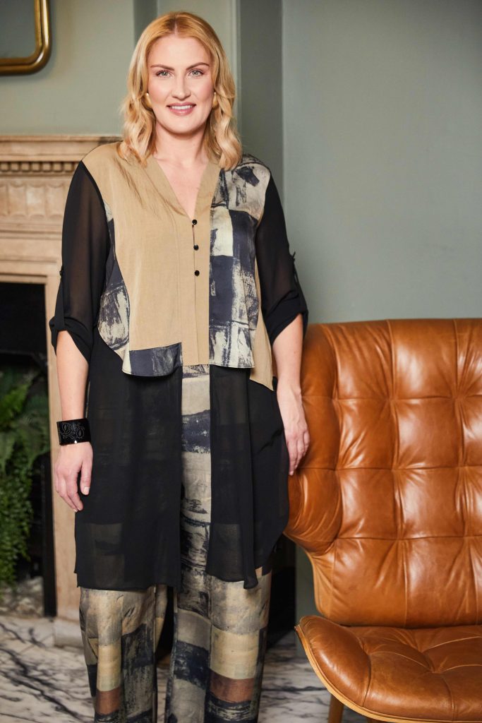 Ora Print Jacket with Contrast Panels Chiffon Hemline