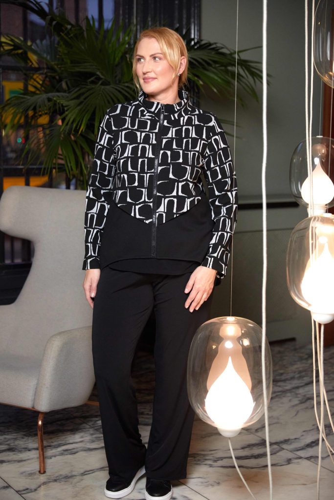 Ora Knit Jacquard High Neck Jacket with Contrast Drawstring Hem