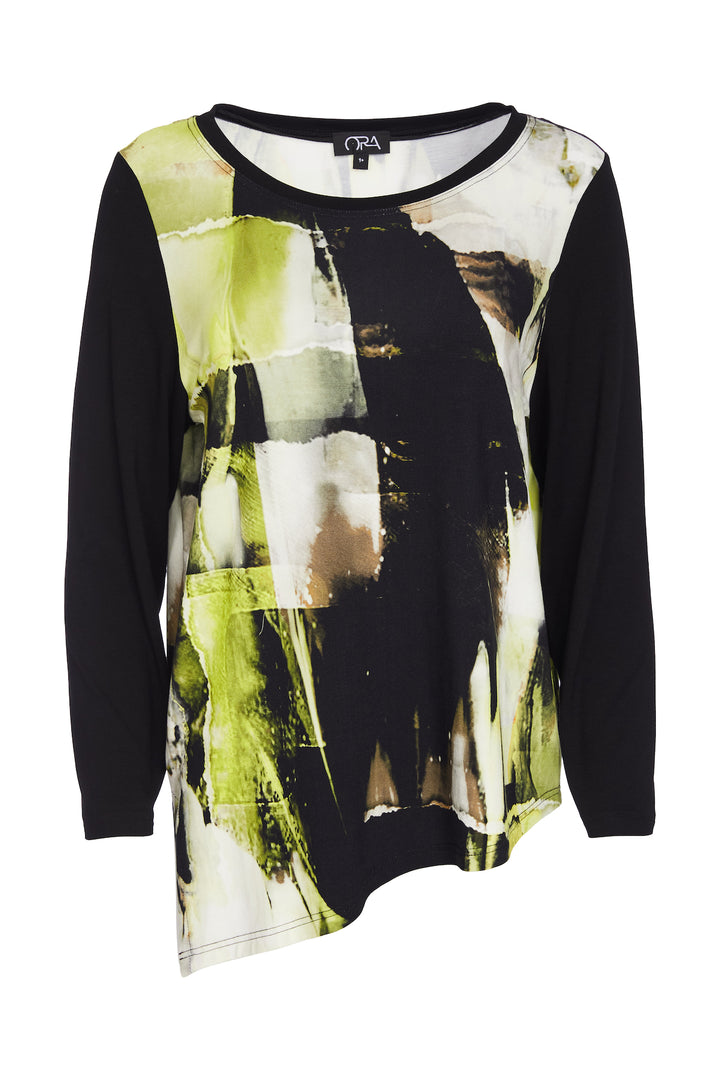 Ora Round Neck Print Top with Contrast Sleeve and Neckline