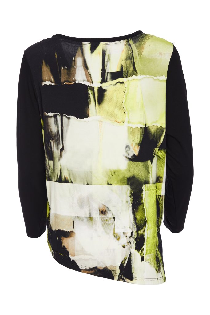 Ora Round Neck Print Top with Contrast Sleeve and Neckline
