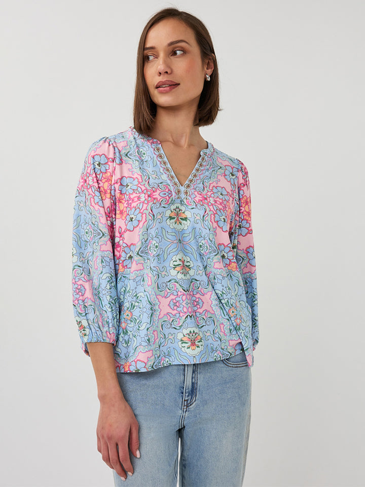 EsQualo Multi Print V-Neck Top