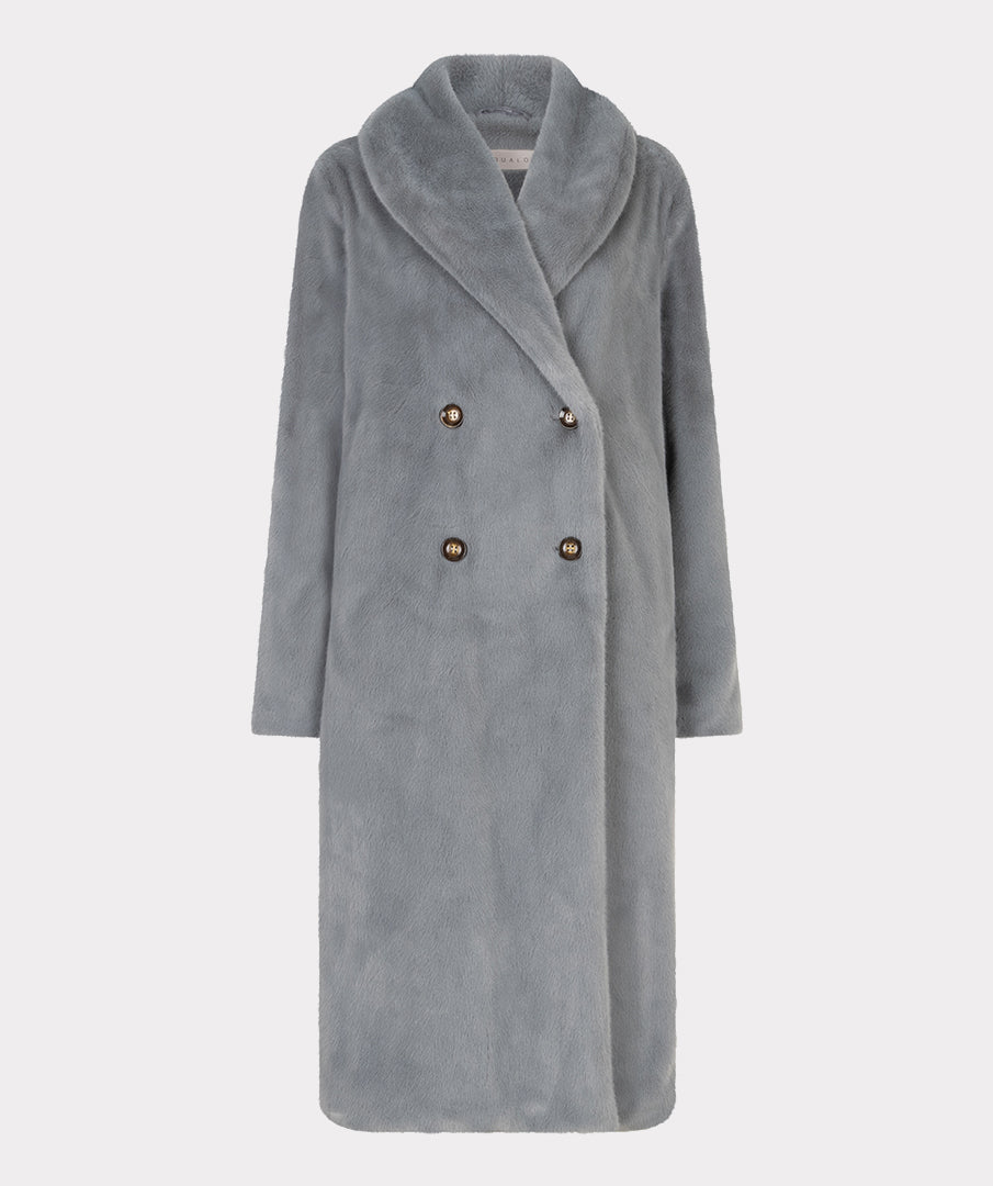EsQualo Grey Faux Fur Shawl Collar Coat