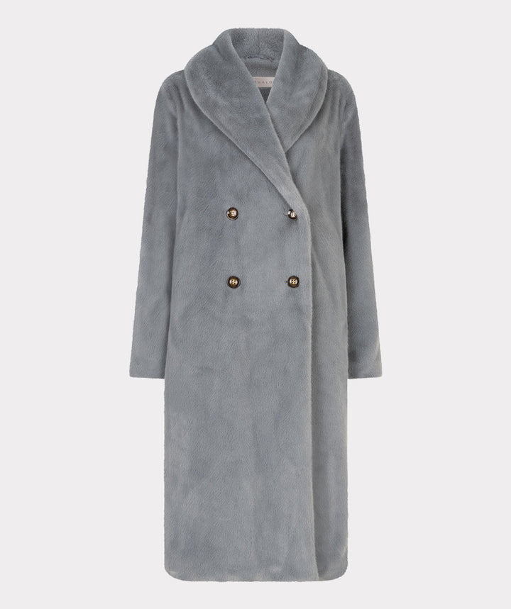 EsQualo Grey Faux Fur Shawl Collar Coat