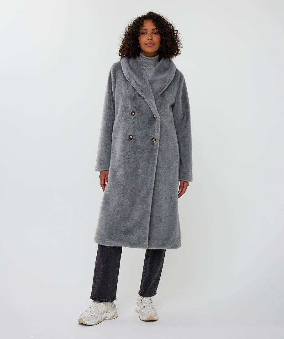 EsQualo Grey Faux Fur Shawl Collar Coat