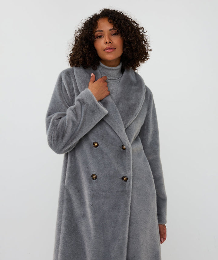 EsQualo Grey Faux Fur Shawl Collar Coat