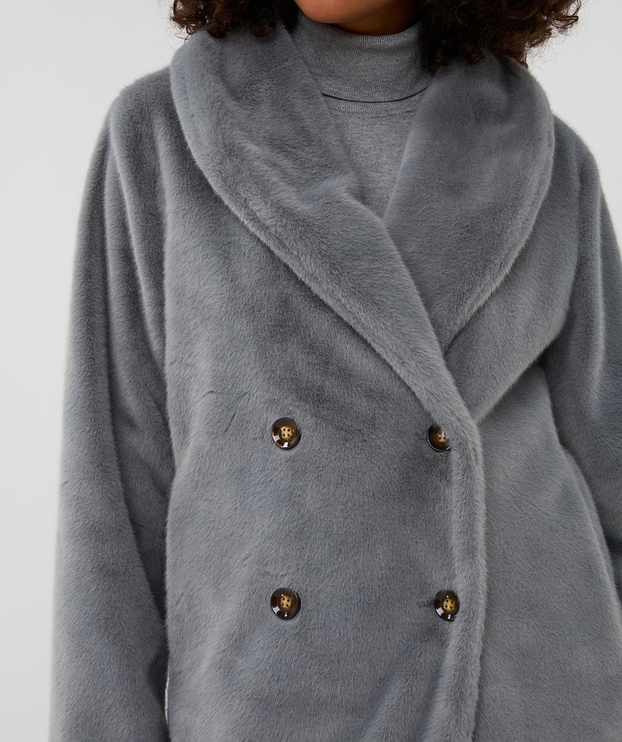 EsQualo Grey Faux Fur Shawl Collar Coat