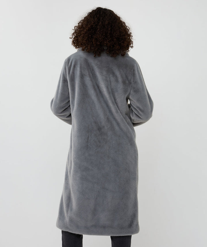 EsQualo Grey Faux Fur Shawl Collar Coat