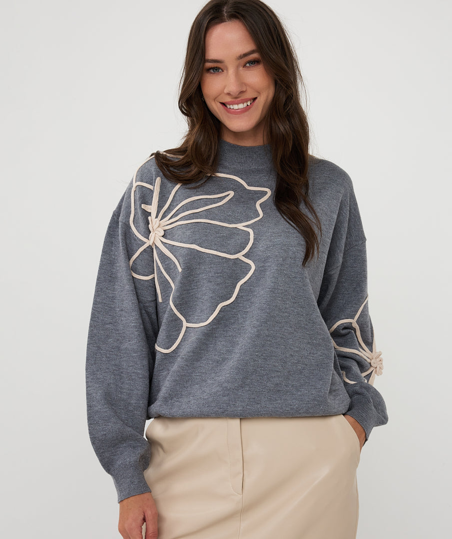 EsQualo Grey Sweater with Flower Patch