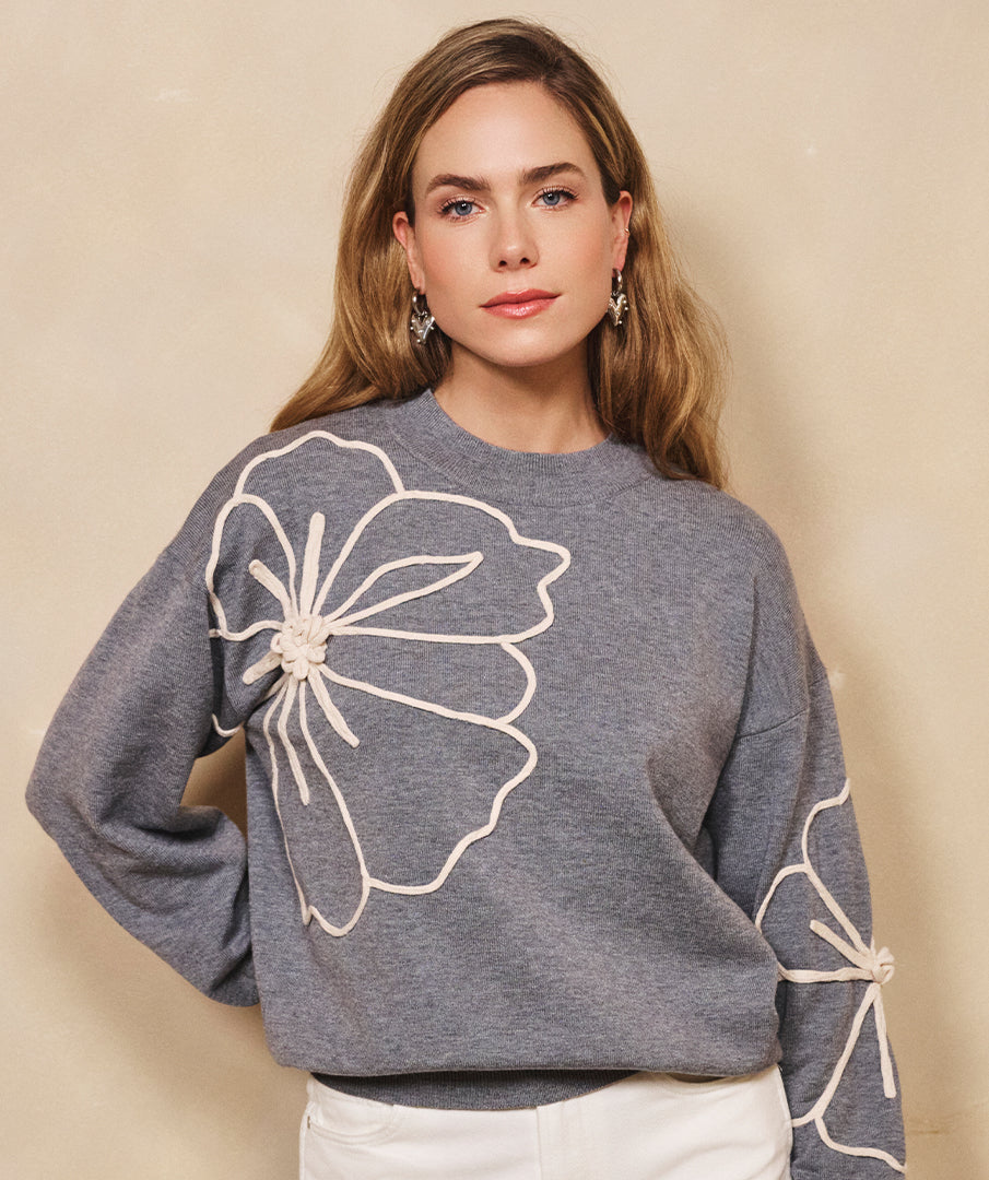 EsQualo Grey Sweater with Flower Patch