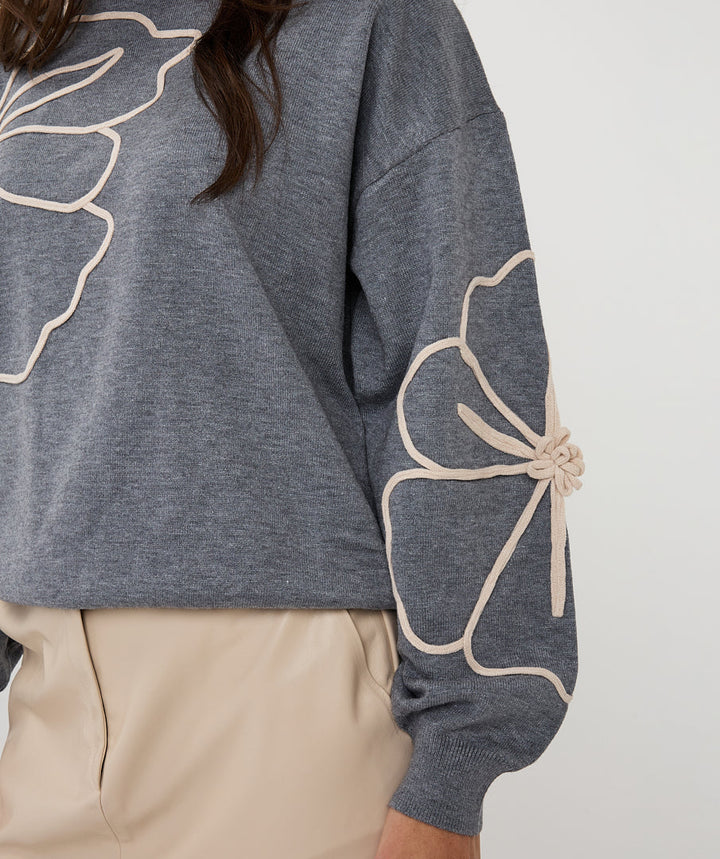 EsQualo Grey Sweater with Flower Patch
