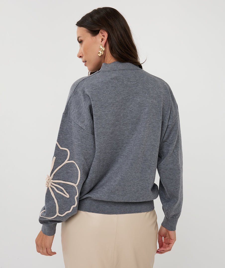 EsQualo Grey Sweater with Flower Patch