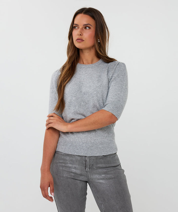 EsQualo Light Grey Short Sleeve Sequin Sweater