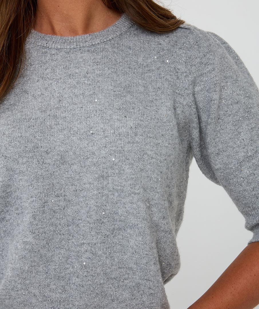 EsQualo Light Grey Short Sleeve Sequin Sweater