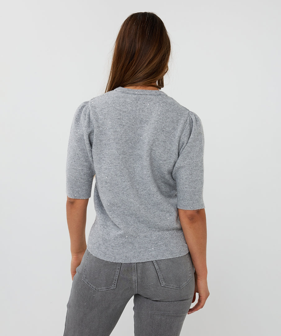 EsQualo Light Grey Short Sleeve Sequin Sweater