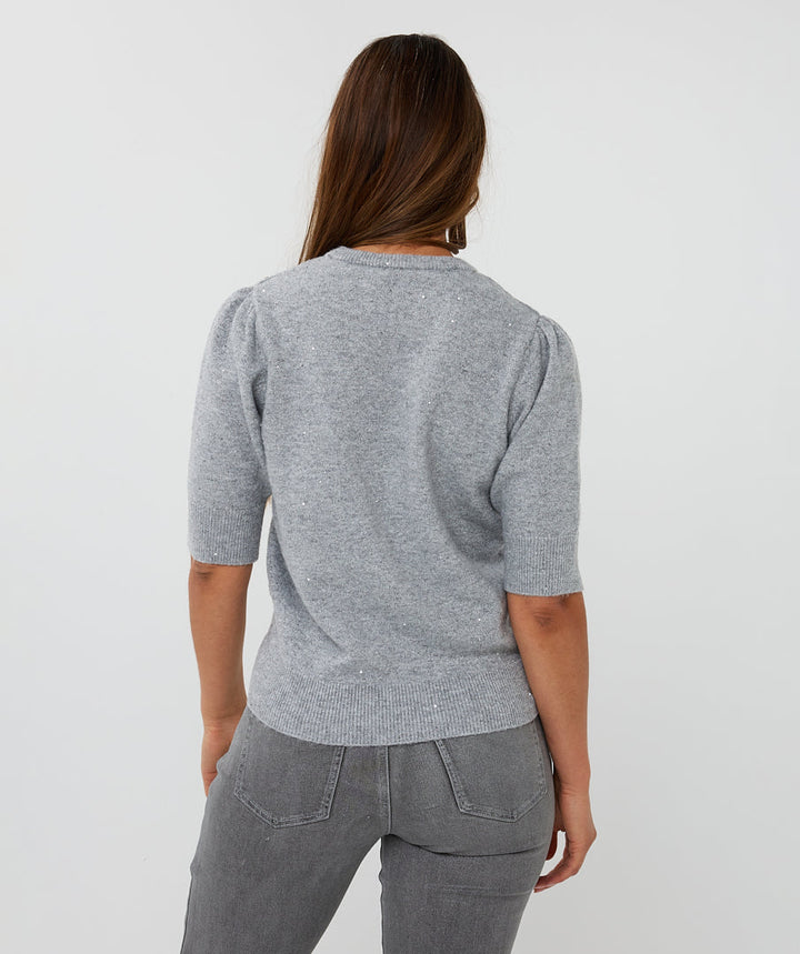 EsQualo Light Grey Short Sleeve Sequin Sweater