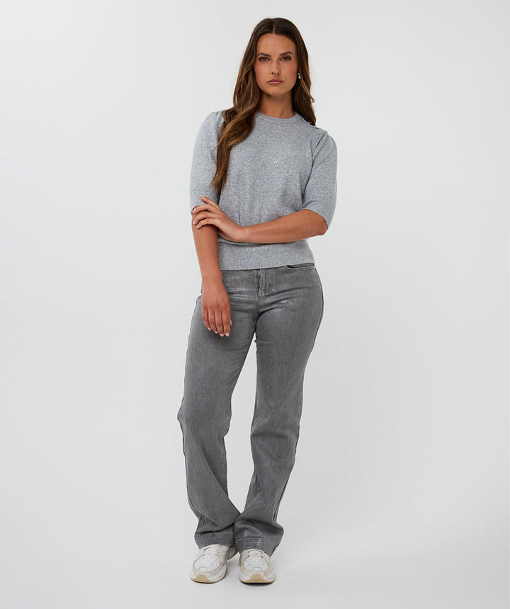 EsQualo Light Grey Short Sleeve Sequin Sweater