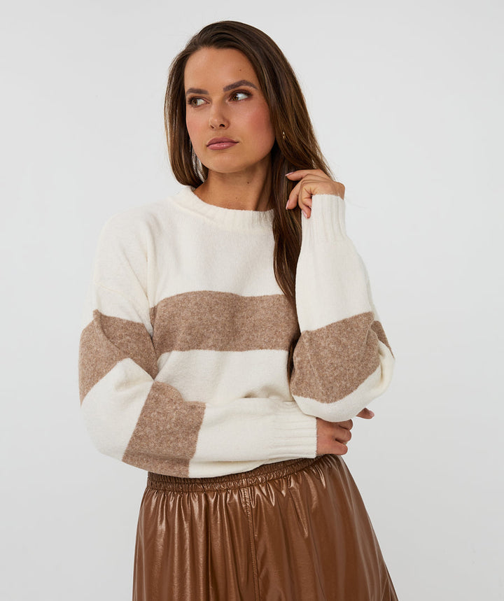 EsQualo Off White & Tan Striped Sweater