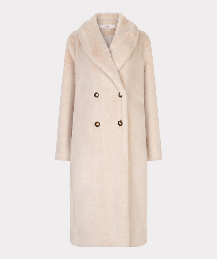 EsQualo Sand Faux Fur Shawl Collar Coat