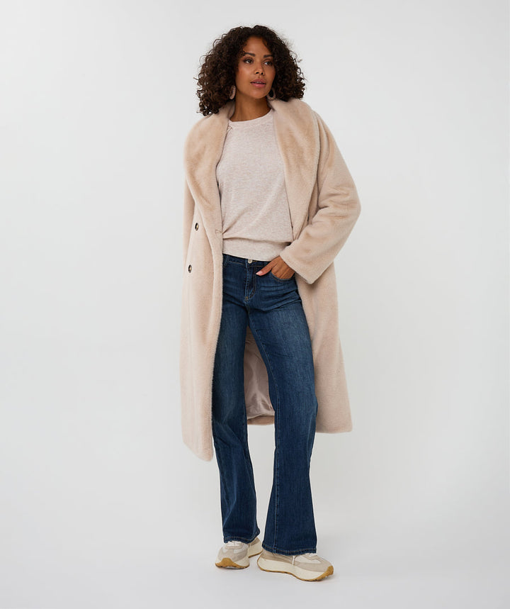 EsQualo Sand Faux Fur Shawl Collar Coat