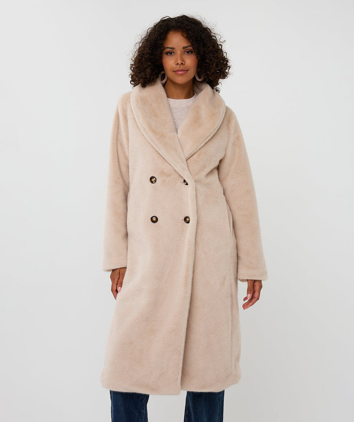 EsQualo Sand Faux Fur Shawl Collar Coat