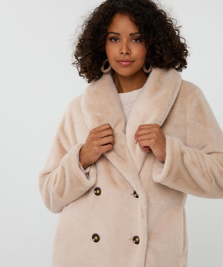EsQualo Sand Faux Fur Shawl Collar Coat