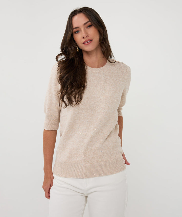 EsQualo Sand Short Sleeve Sequin Sweater
