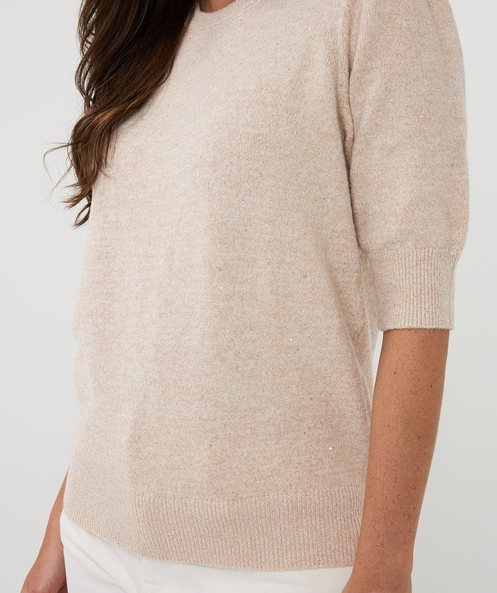 EsQualo Sand Short Sleeve Sequin Sweater
