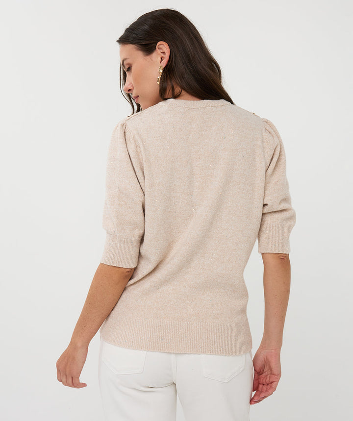EsQualo Sand Short Sleeve Sequin Sweater
