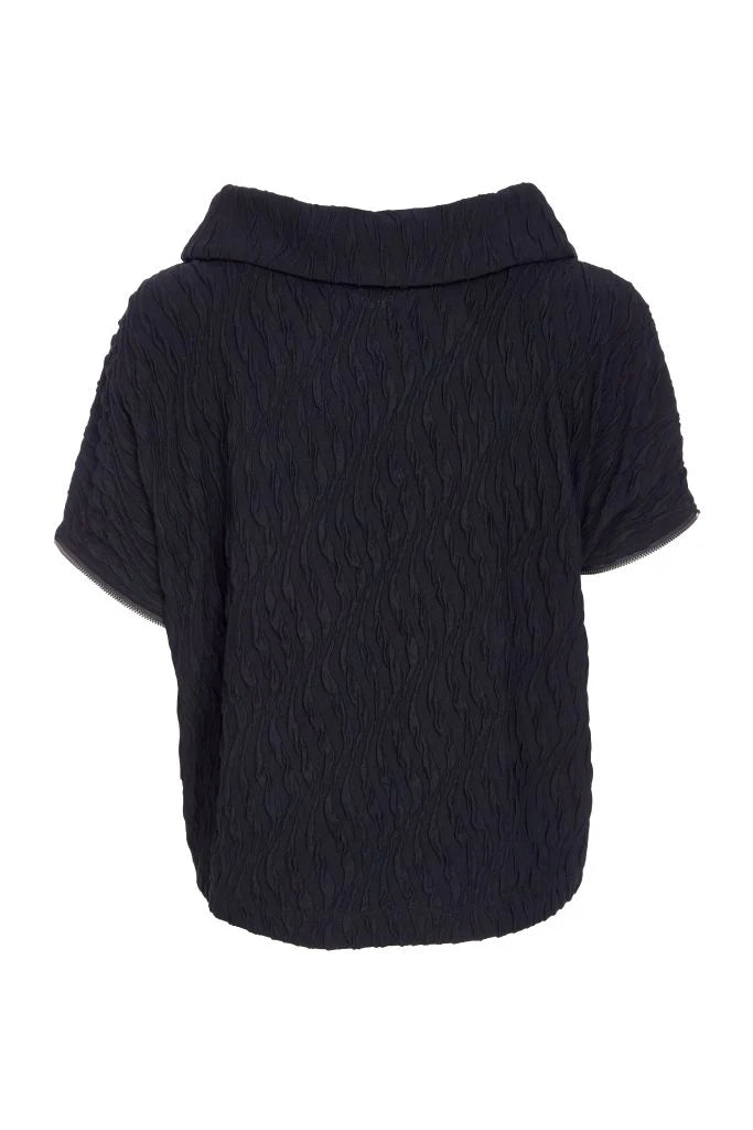Naya Black Embossed Knit Top with Collar & Zip Detail