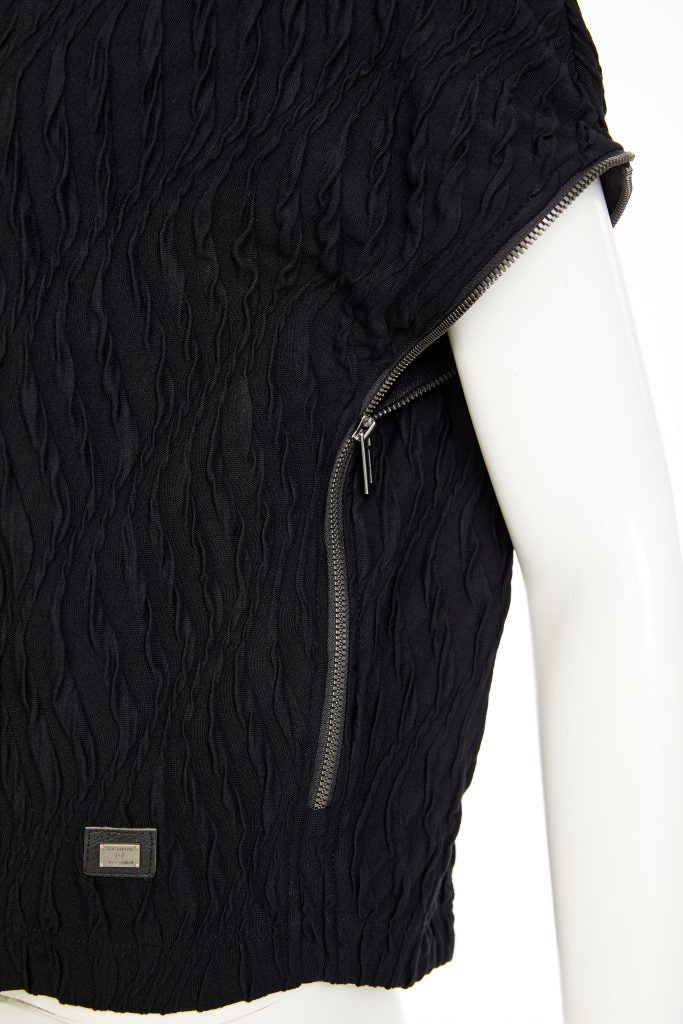 Naya Black Embossed Knit Top with Collar & Zip Detail