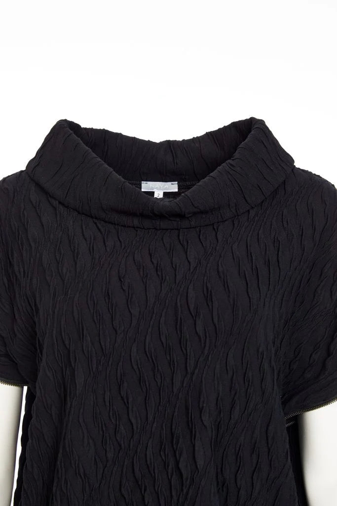 Naya Black Embossed Knit Top with Collar & Zip Detail
