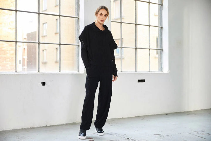 Naya Black Embossed Knit Top with Collar & Zip Detail