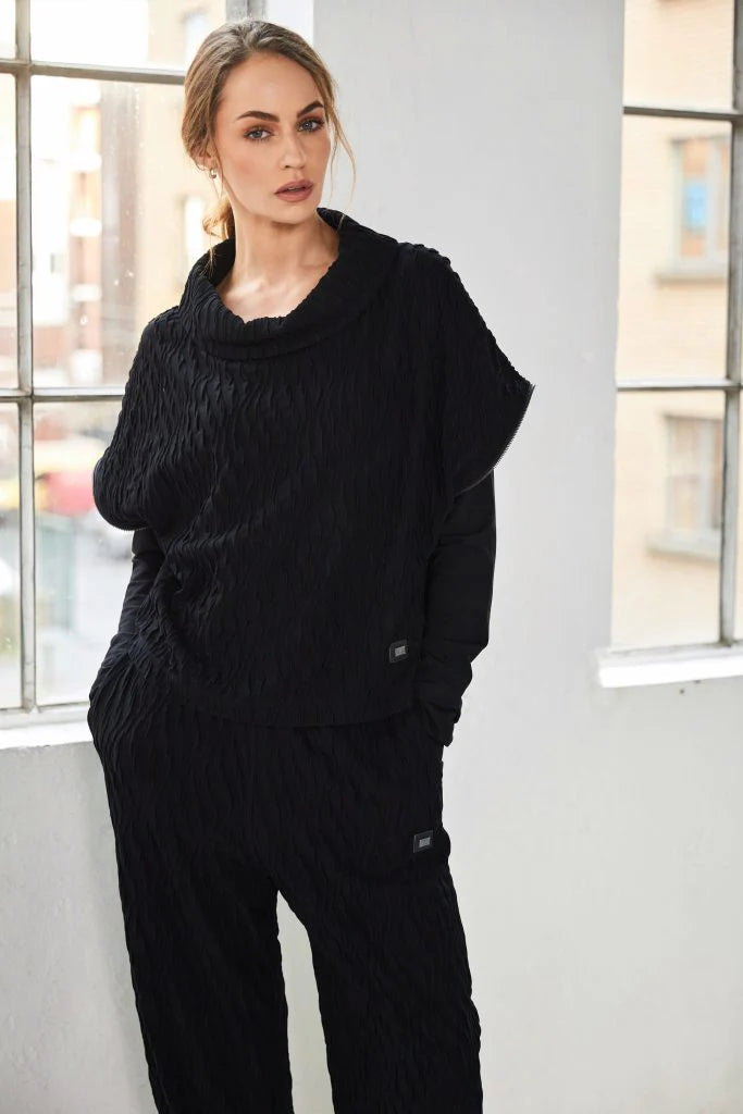 Naya Black Embossed Knit Top with Collar & Zip Detail