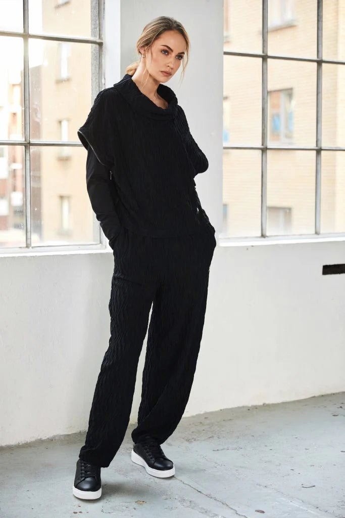 Naya Black Embossed Knit Top with Collar & Zip Detail