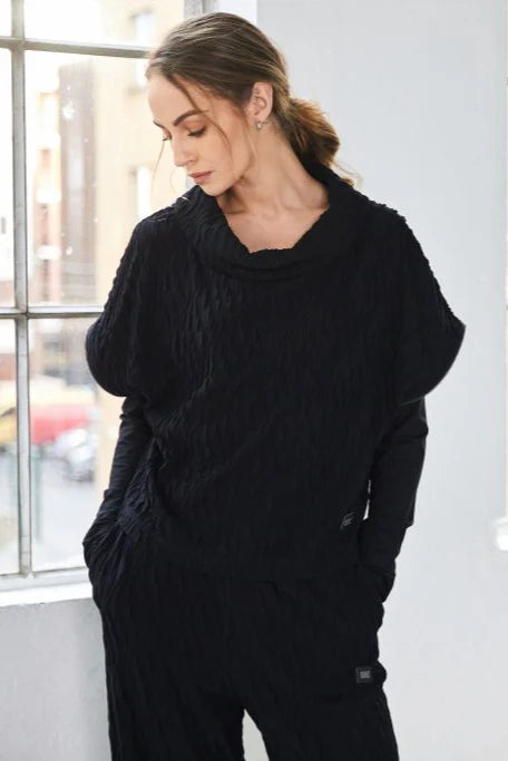 Naya Black Embossed Knit Top with Collar & Zip Detail