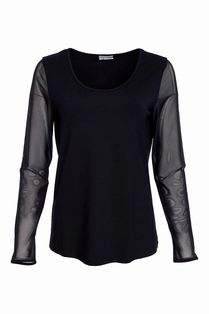 Naya Black Jersey Round Neck Top with Mesh Sleeve