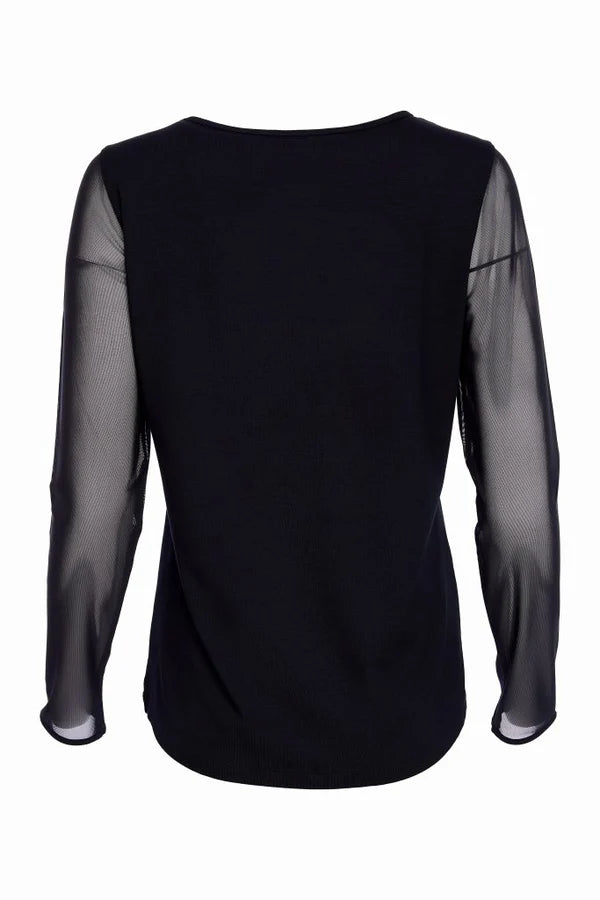 Naya Black Jersey Round Neck Top with Mesh Sleeve